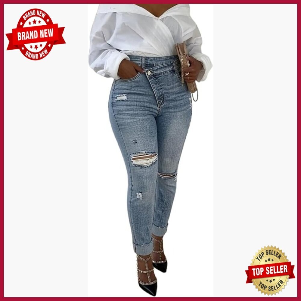 Stretchy Skinny Jeans with Ripped Cuffs High Rise Y2K Distressed Denim